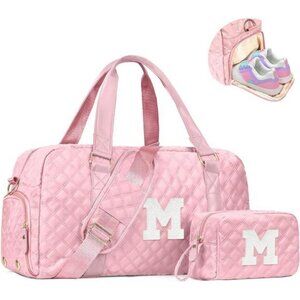 Personalized quilted duffle bag with shoe compartment travel gym carry on bag